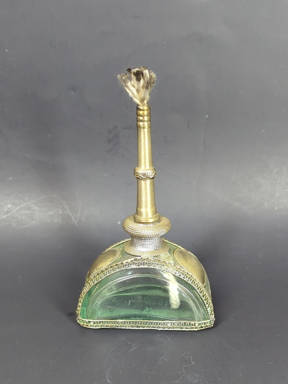 Vintage Mid Century Italian Green Glass Oil Lamp Lantern Ornate Metal Filigree
